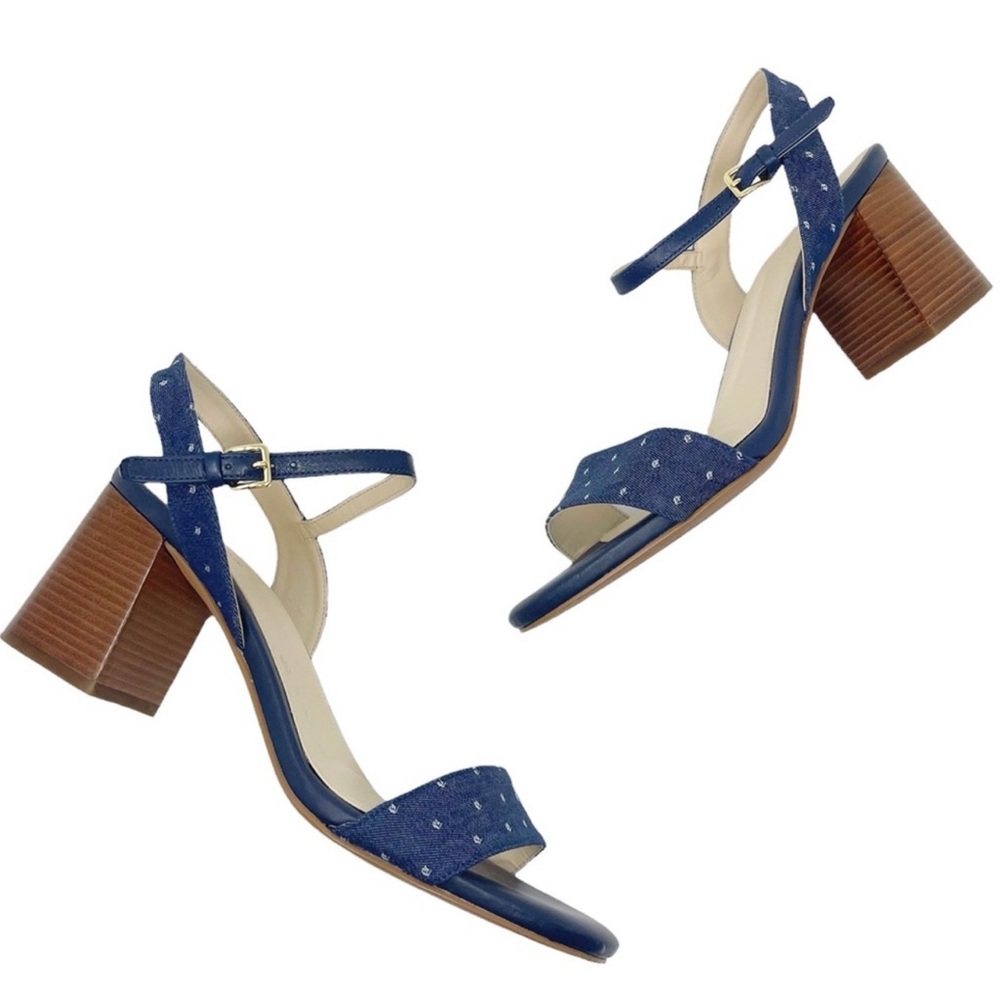 Cole Haan Josie Block Heel Sandals Polka Dot Chambray Blue Denim Size 8.5
